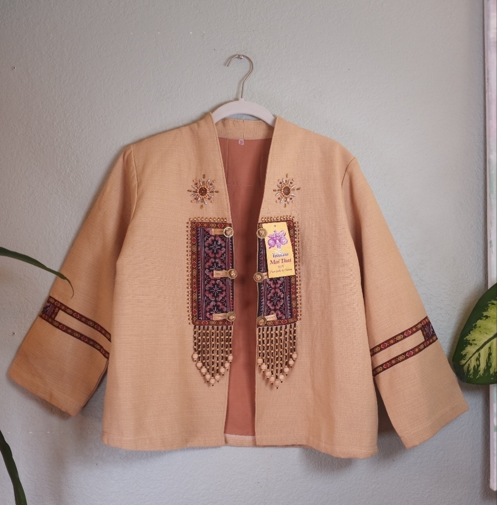 Mai Thai Silk Cotton Beaded Fringe Bohemian Dolman Sleeve Casual Jacket Sz M